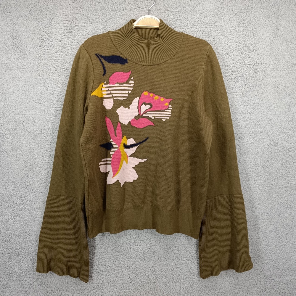 Knitted & Knotted Large‎ Floral Mock Neck Bell Sleeve Sweater Olive Green